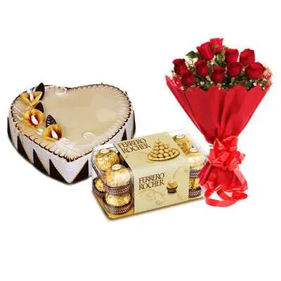 Heart Shape Butterscotch Cake with Roses & Ferrero Rocher