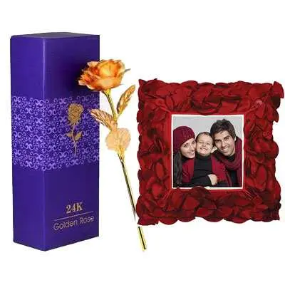 24K Golden Rose with Box & Photo Cushion