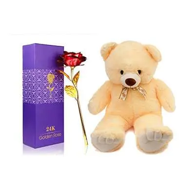 24K Red Rose with Box & Teddy Bear