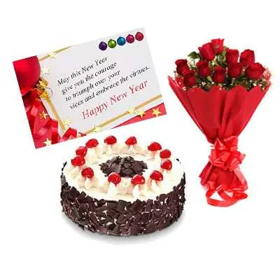 Bouquet, New Year Card & Black Forest Cake