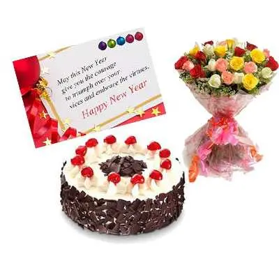 Mixed Roses, New Year Card & Black Forest Cake