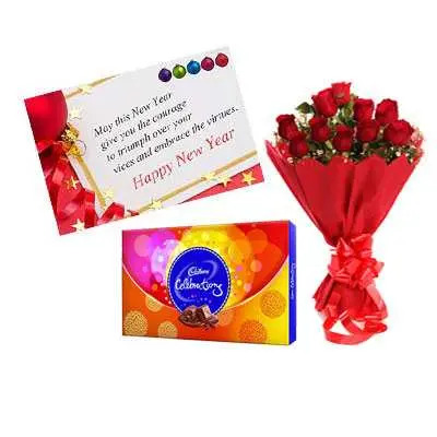 New Year Card, Red Roses & Cadbury Celebration