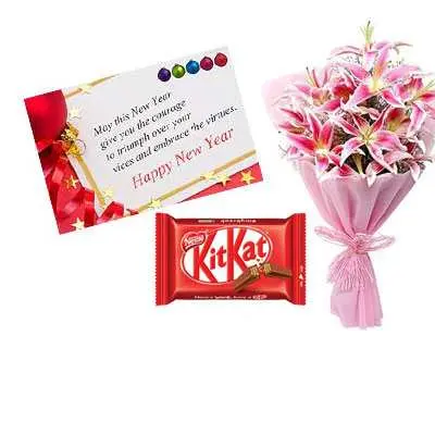 New Year Card with Lily Bouquet & Kitkat