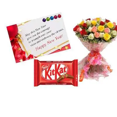 New Year Card with Mix Roses & Kitkat