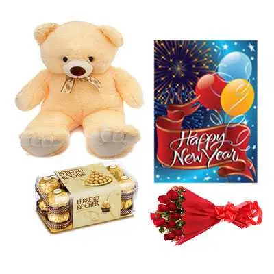 Ferrero Rocher , Roses Bouquet, Card & Teddy Bear