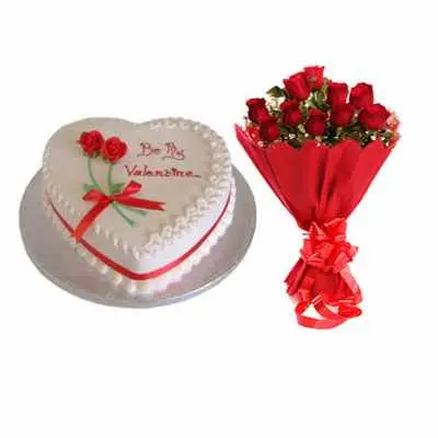 Valentine Day Strawberry Heart Shape Cake & Bouquet