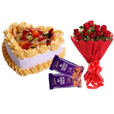 Fruit Heart Shape Cake, Bouquet & Silk