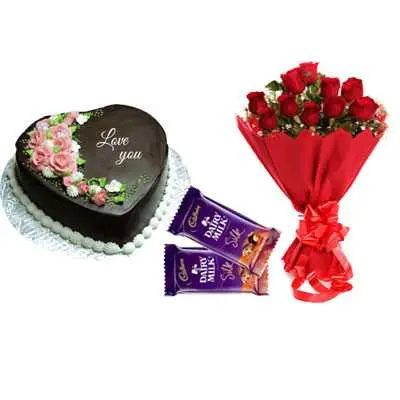 I love You Chocolate Heart Shape Cake, Bouquet & Silk