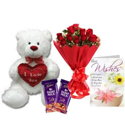 30 Inch Teddy with Bouquet, Silk & Card