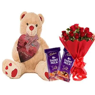 Big Teddy with Silk & Bouquet