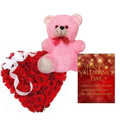 Red  Rose Heart Arrangement with Teddy & Card