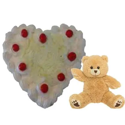 Teddy With Heart Shape White Forest Cake