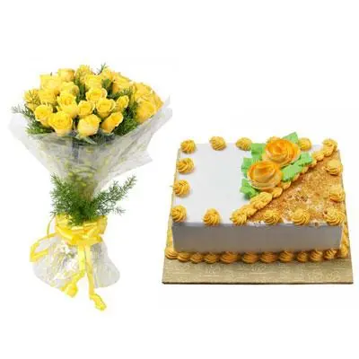 Yellow Roses With Square Butter Scotch Cake