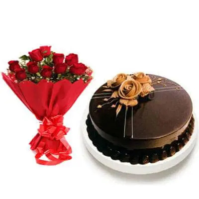 Red Roses With Chocolate Truffle Cake