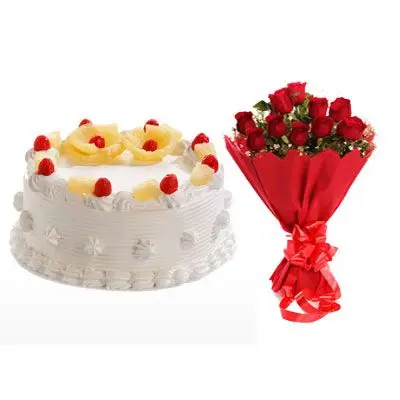 Eggless Pineapple Cake with 12 Red Roses