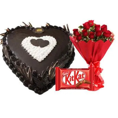 Eggless Heart Chocolate Cake, Red Roses & Kitkat