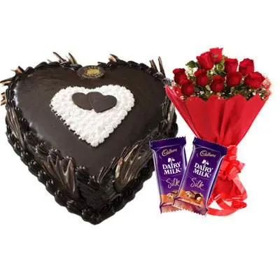 Eggless Heart Chocolate Cake, Red Roses & Silk
