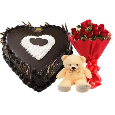 Eggless Heart Chocolate Cake, Red Roses & Teddy