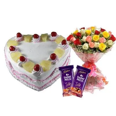 Eggless Heart Pineapple Cake, Mix Roses & Silk