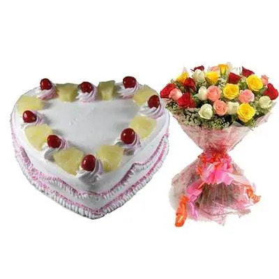 Eggless Heart Pineapple Cake & Mix Roses