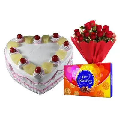 Eggless Heart Pineapple Cake, Red Roses & Celebration