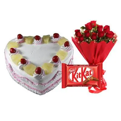 Eggless Heart Pineapple Cake, Red Roses & Kitkat