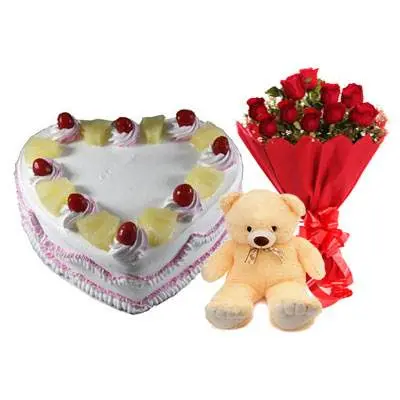 Eggless Heart Pineapple Cake, Red Roses & Teddy
