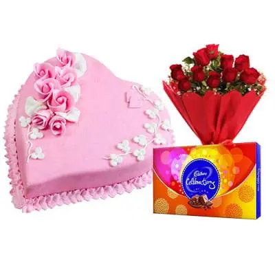 Eggless Heart Strawberry Cake & Red Roses & Celebration