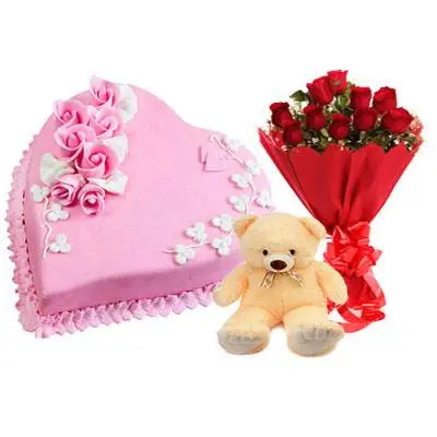 Eggless Heart Strawberry Cake, Red Roses & Teddy