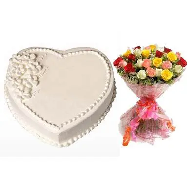 Eggless Heart Vanilla Cake & Mix Roses
