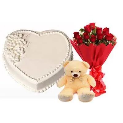 Eggless Heart Vanilla Cake, Red Roses & Teddy