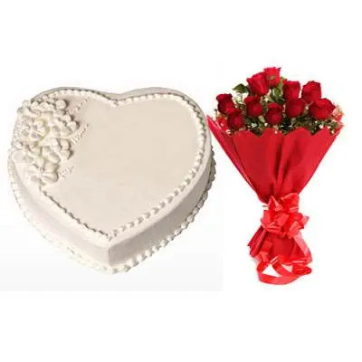 Eggless Heart Vanilla Cake & Red Roses