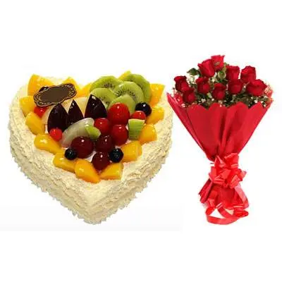Fresh Fruits Heart Cake & Red Roses