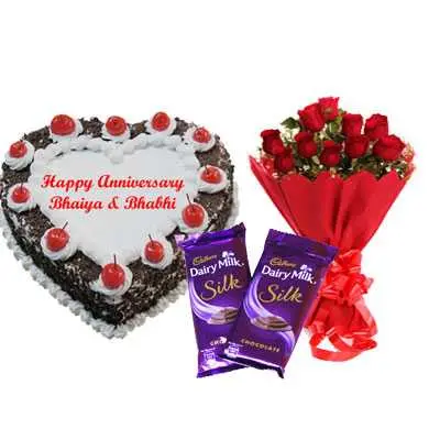 Heart Black Forest Cake, Bouquet & Silk