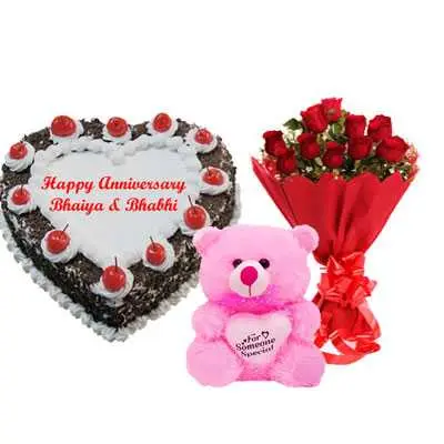 Heart Black Forest Cake, Bouquet & Teddy