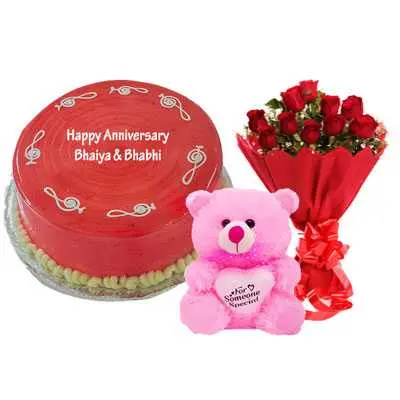 Strawberry Cake, Bouquet & Teddy