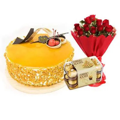 Butterscotch Cream Cake, Bouquet & Ferrero