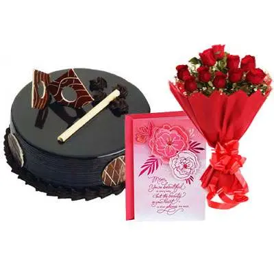 Chocolate Royal Cake, Bouquet & Card