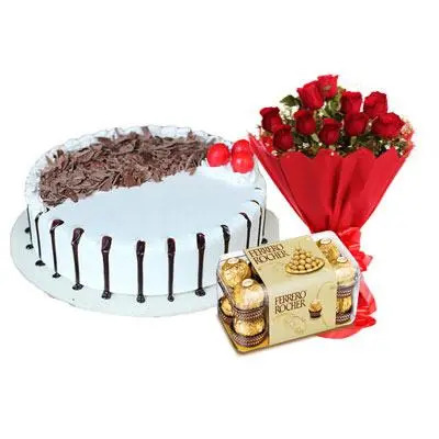 Snowy Black Forest Cake, Bouquet & Ferrero