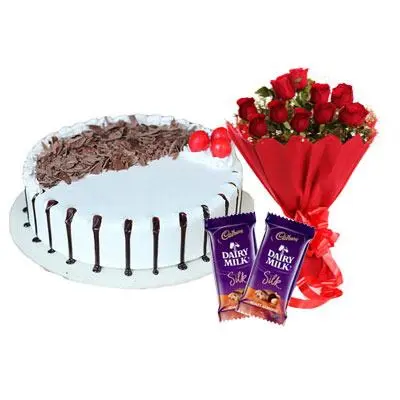 Snowy Black Forest Cake, Bouquet & Silk