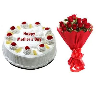 Eggless Mothers Day Pineapple Cake & Bouquet