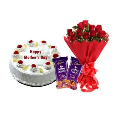 Eeggless Mothers Day Pineapple Cake, Bouquet & Silk