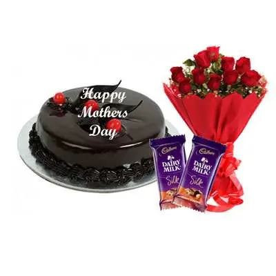 Mothers Day Chocolate Truffle Cake, Bouquet & Silk