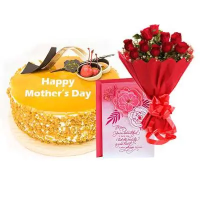 Mothers Day Butterscotch Cream Cake, Bouquet & Card
