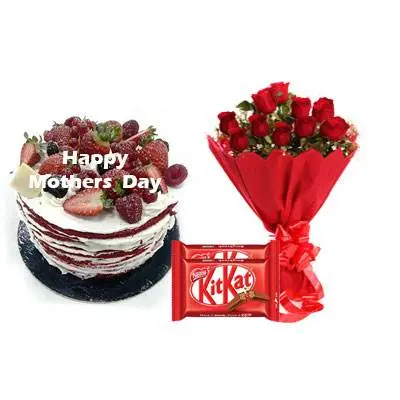 Mothers Day Red Velvet Fruit Cake, Bouquet & Kitkat