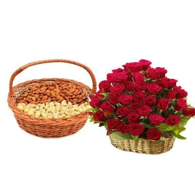 Almonds, Cashew & Red Roses Basket
