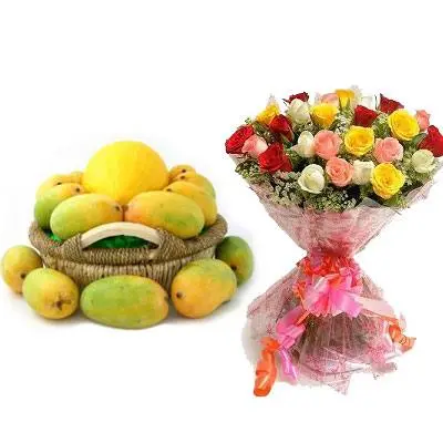Mango Basket with Mix Rose Bouquet