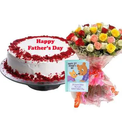 Fathers Day Red Velvet Cake, Bouquet & Card