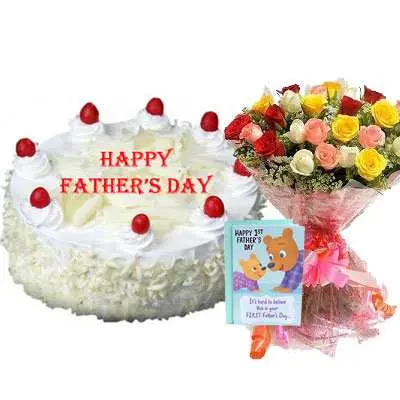 Fathers Day White Forest Cake, Bouquet & Card