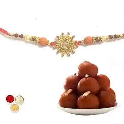 Beautiful Om Rakhi For Brother With Gulab Jamun